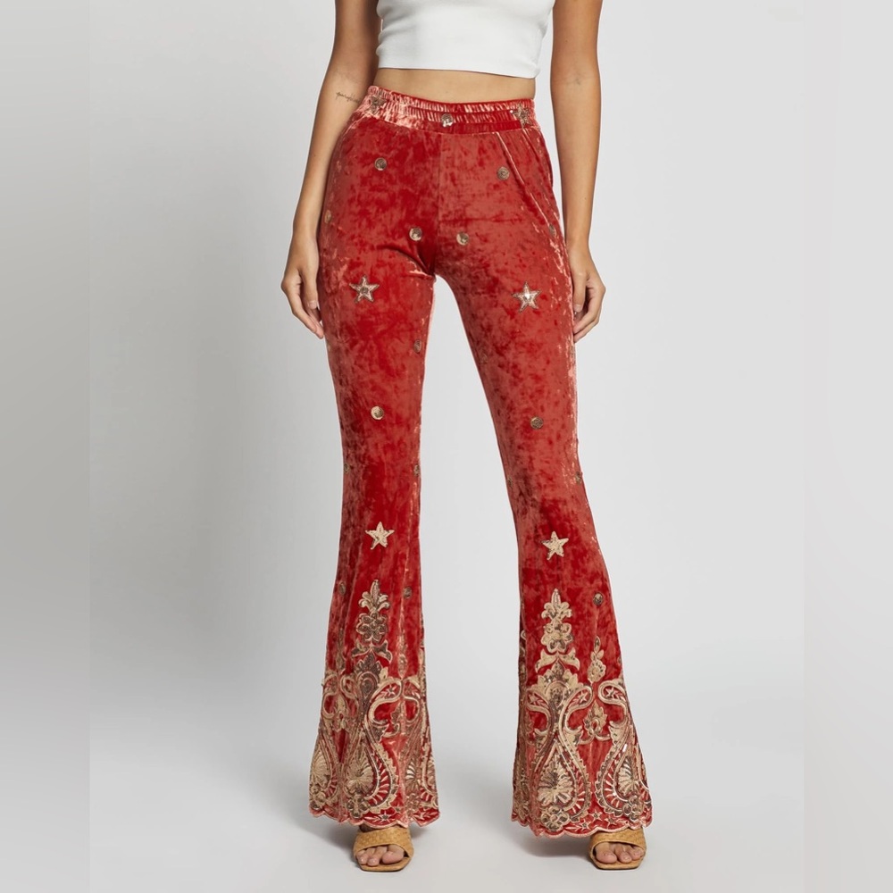 New Free People Lenni the label whiskey bells sequin velvet flare pants